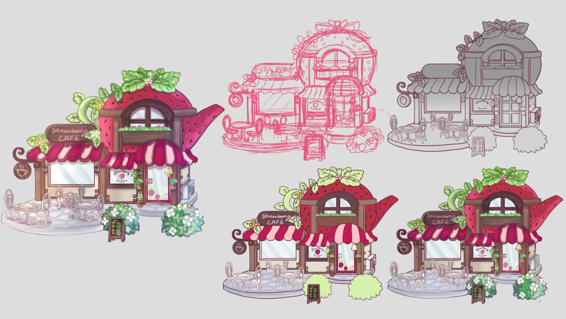 Design Process for Strawberry's House/Cafe for my personal project, Strawberry Cafe.