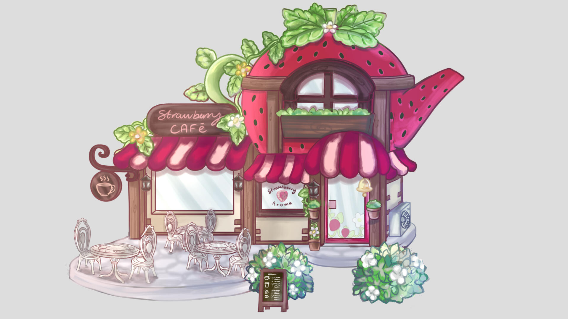 Final Illustration for Strawberry's House/Cafe for my personal project, Strawberry Cafe.